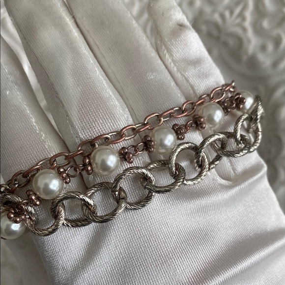 Pearl Silver Thick Chain Link Multi Strand Bracelet Bohemian Elegant Vintage - Picture 13 of 16
